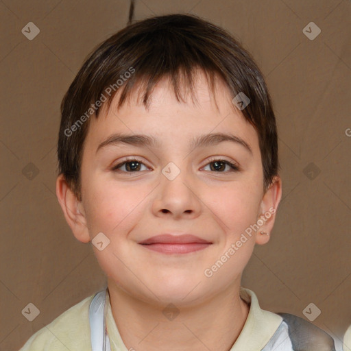 Joyful white child female with short  brown hair and brown eyes