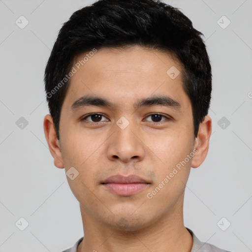 Neutral asian young-adult male with short  black hair and brown eyes