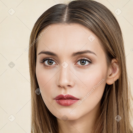 Neutral white young-adult female with long  brown hair and brown eyes