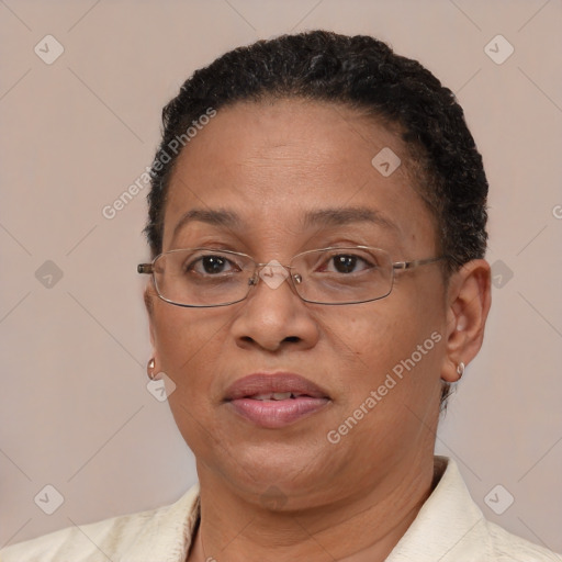 Joyful latino adult female with short  brown hair and brown eyes