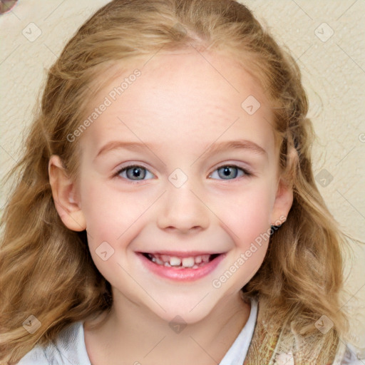 Joyful white child female with medium  brown hair and blue eyes