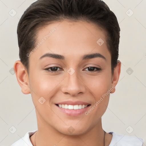 Joyful white young-adult female with short  brown hair and brown eyes