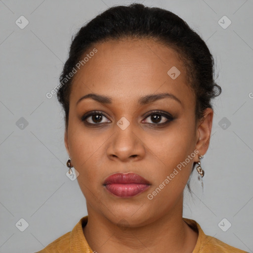 Joyful latino young-adult female with short  brown hair and brown eyes