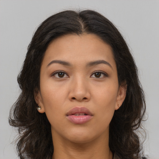 Neutral asian young-adult female with long  brown hair and brown eyes