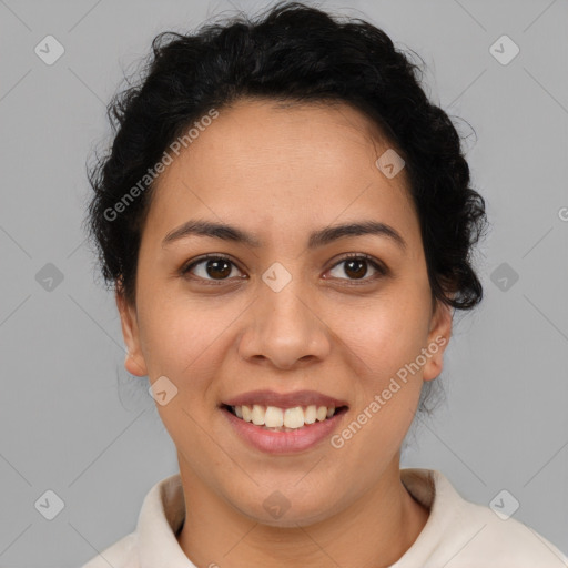 Joyful latino young-adult female with short  brown hair and brown eyes