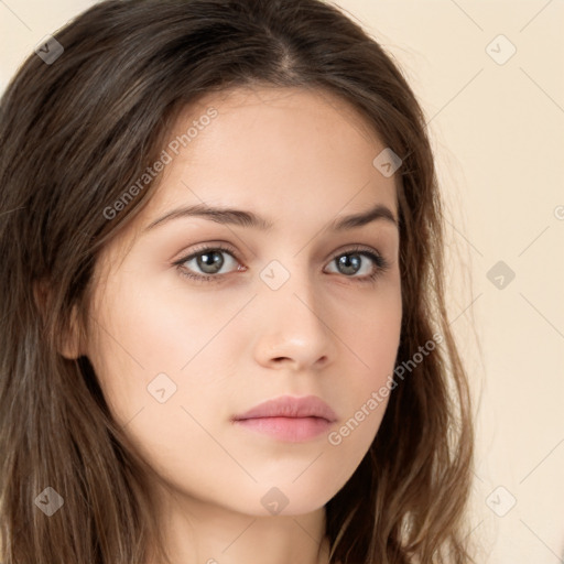 Neutral white young-adult female with long  brown hair and brown eyes