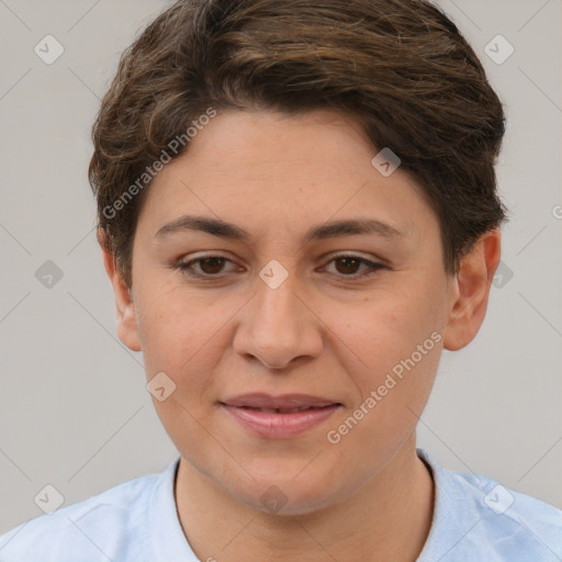 Joyful white young-adult female with short  brown hair and brown eyes