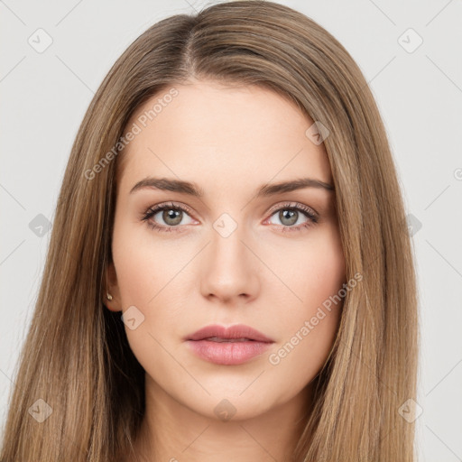 Neutral white young-adult female with long  brown hair and brown eyes