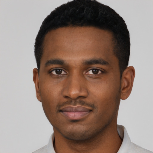 Neutral black young-adult male with short  black hair and brown eyes
