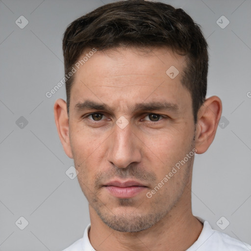 Neutral white adult male with short  brown hair and brown eyes