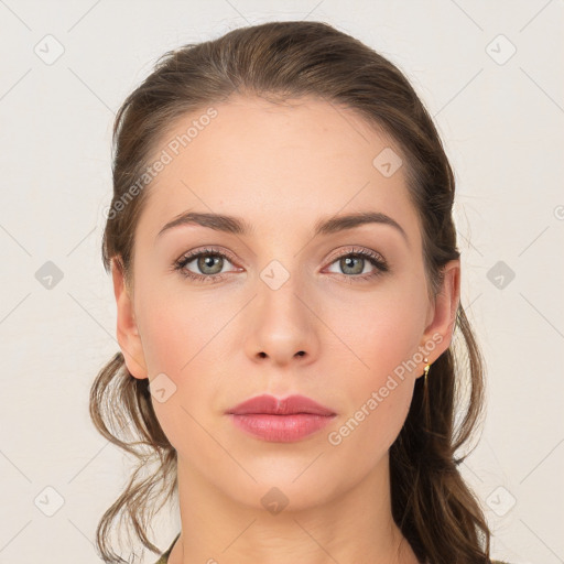 Neutral white young-adult female with long  brown hair and brown eyes