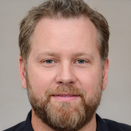 Neutral white adult male with short  brown hair and grey eyes