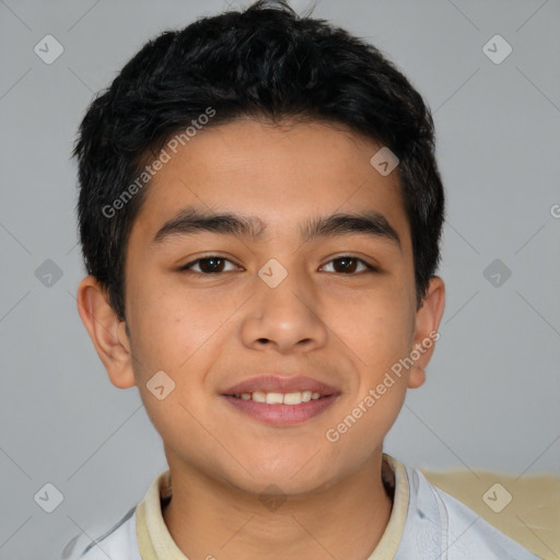 Joyful latino young-adult male with short  brown hair and brown eyes