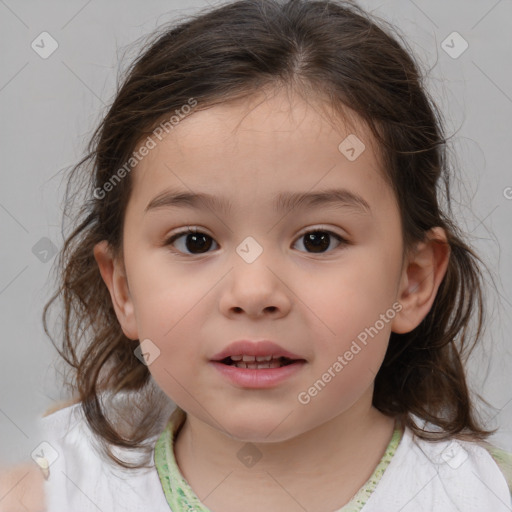 Joyful white child female with medium  brown hair and brown eyes