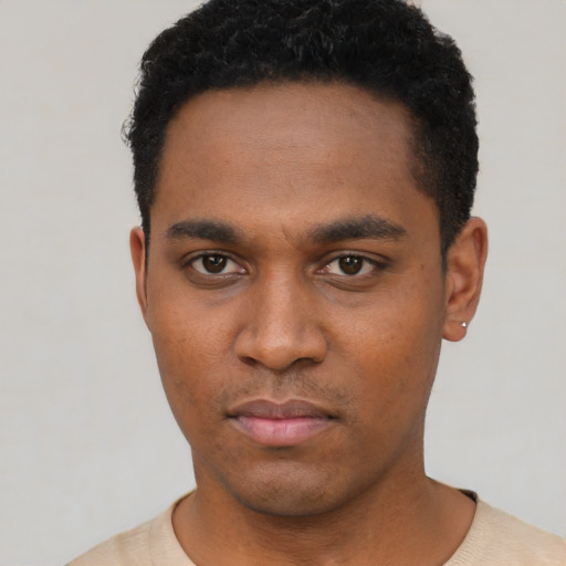Neutral black young-adult male with short  black hair and brown eyes