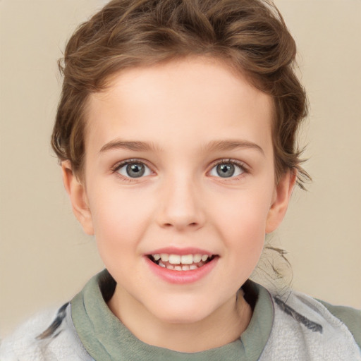 Joyful white child female with short  brown hair and grey eyes