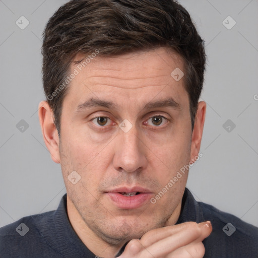 Neutral white adult male with short  brown hair and brown eyes