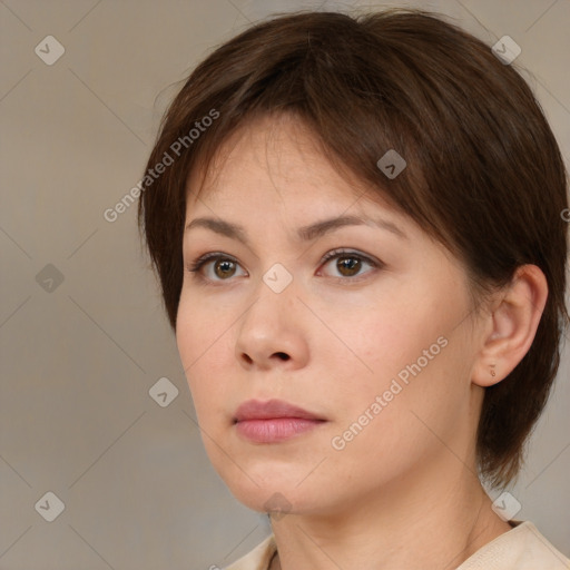 Neutral white young-adult female with medium  brown hair and brown eyes