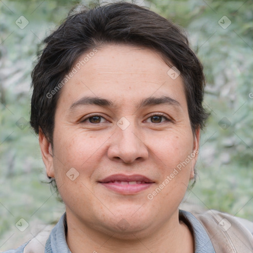 Joyful white adult female with short  brown hair and brown eyes