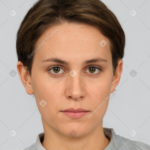 Neutral white young-adult female with short  brown hair and brown eyes