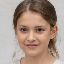 Joyful white child female with medium  brown hair and brown eyes