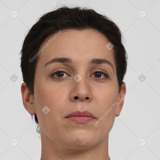 Neutral white young-adult female with short  brown hair and brown eyes