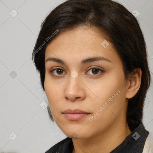 Neutral white young-adult female with medium  brown hair and brown eyes