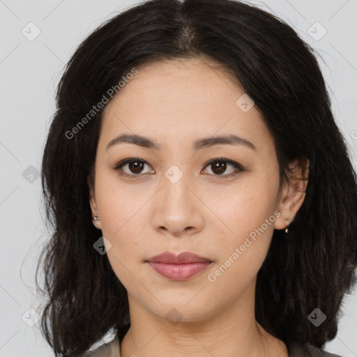 Neutral asian young-adult female with long  brown hair and brown eyes