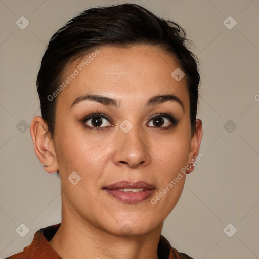 Joyful white young-adult female with short  brown hair and brown eyes