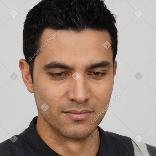 Neutral asian young-adult male with short  black hair and brown eyes