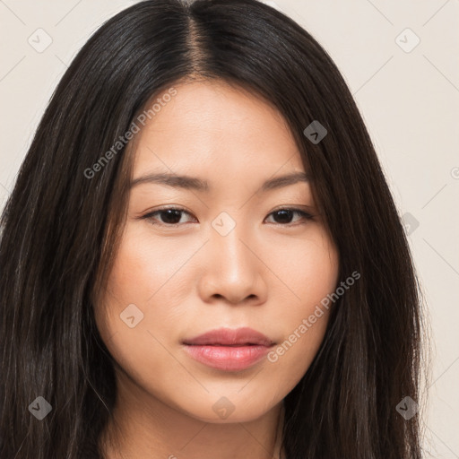 Joyful asian young-adult female with long  brown hair and brown eyes