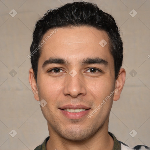 Joyful white young-adult male with short  black hair and brown eyes