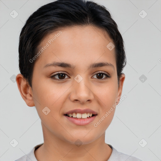 Joyful white young-adult female with short  brown hair and brown eyes