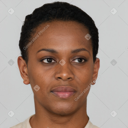 Neutral black young-adult female with short  black hair and brown eyes