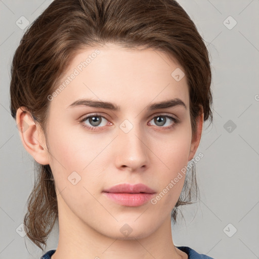 Neutral white young-adult female with medium  brown hair and grey eyes