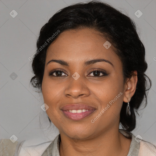 Joyful black young-adult female with medium  black hair and brown eyes