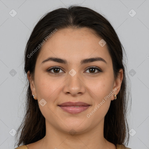 Joyful white young-adult female with medium  brown hair and brown eyes