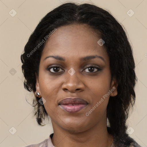 Joyful black young-adult female with medium  black hair and brown eyes