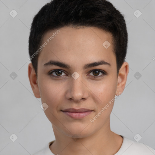 Joyful white young-adult female with short  black hair and brown eyes