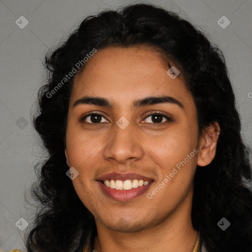 Joyful latino young-adult female with long  brown hair and brown eyes