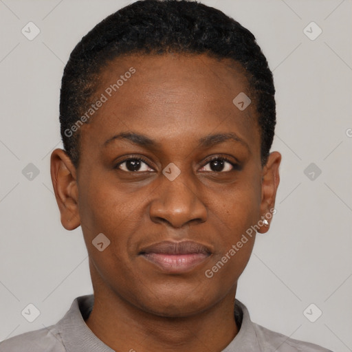 Neutral black young-adult female with short  black hair and brown eyes