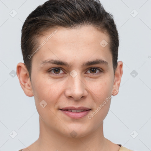 Joyful white young-adult male with short  brown hair and brown eyes