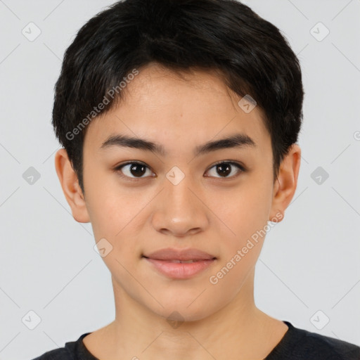 Joyful latino young-adult female with short  black hair and brown eyes