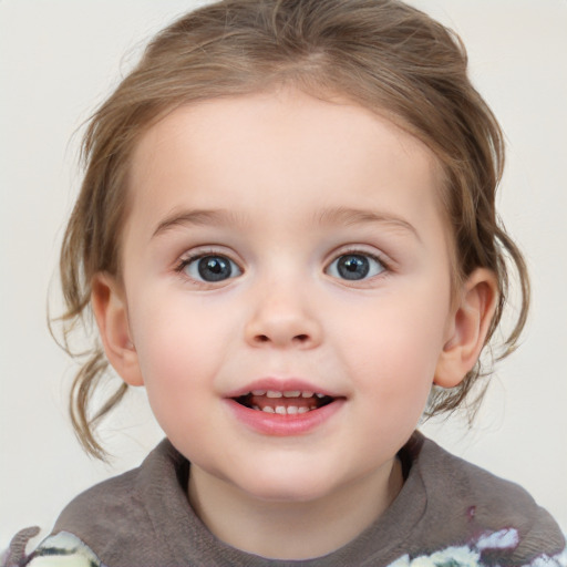 Joyful white child female with medium  brown hair and blue eyes