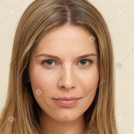 Neutral white young-adult female with long  brown hair and brown eyes