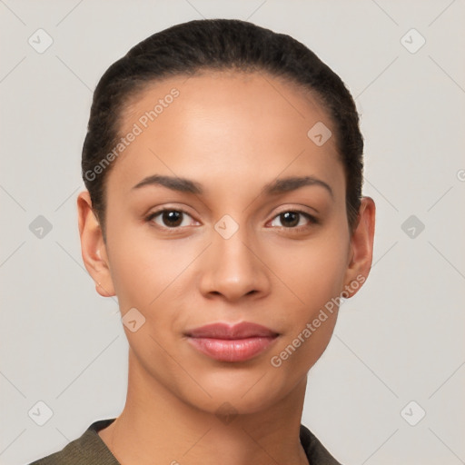 Joyful latino young-adult female with short  brown hair and brown eyes