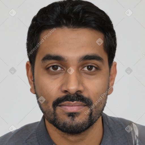 Neutral latino young-adult male with short  black hair and brown eyes