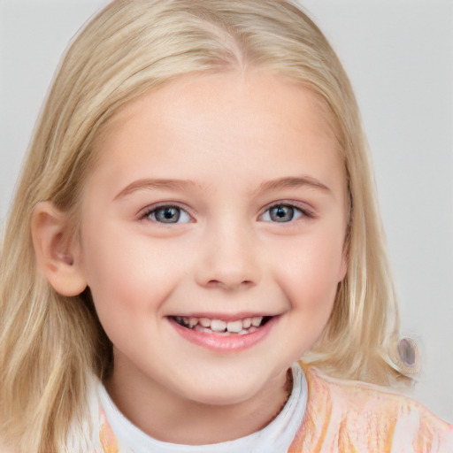 Joyful white child female with medium  blond hair and blue eyes