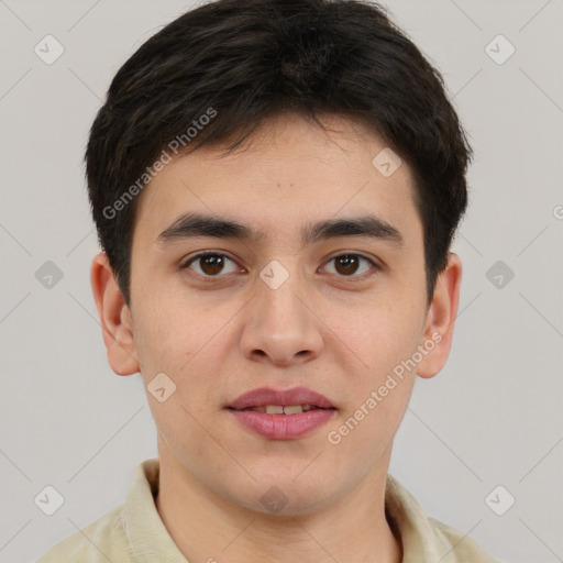 Joyful white young-adult male with short  brown hair and brown eyes