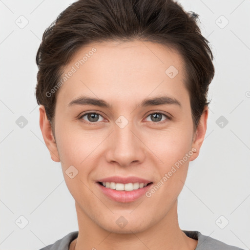 Joyful white young-adult female with short  brown hair and brown eyes